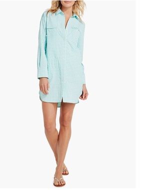 NWOT Vineyard Vines Light Aqua Gingham Harbor coverup performance Shirt Dress